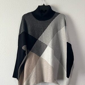 Joseph A. Geometric Colorblock Turtleneck Sweater - Black, Gray & Cream, Size M